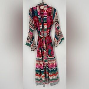 Carolina K Silk Red Bell Sleeve Self-Tie Wrap Robe Dress Size Large